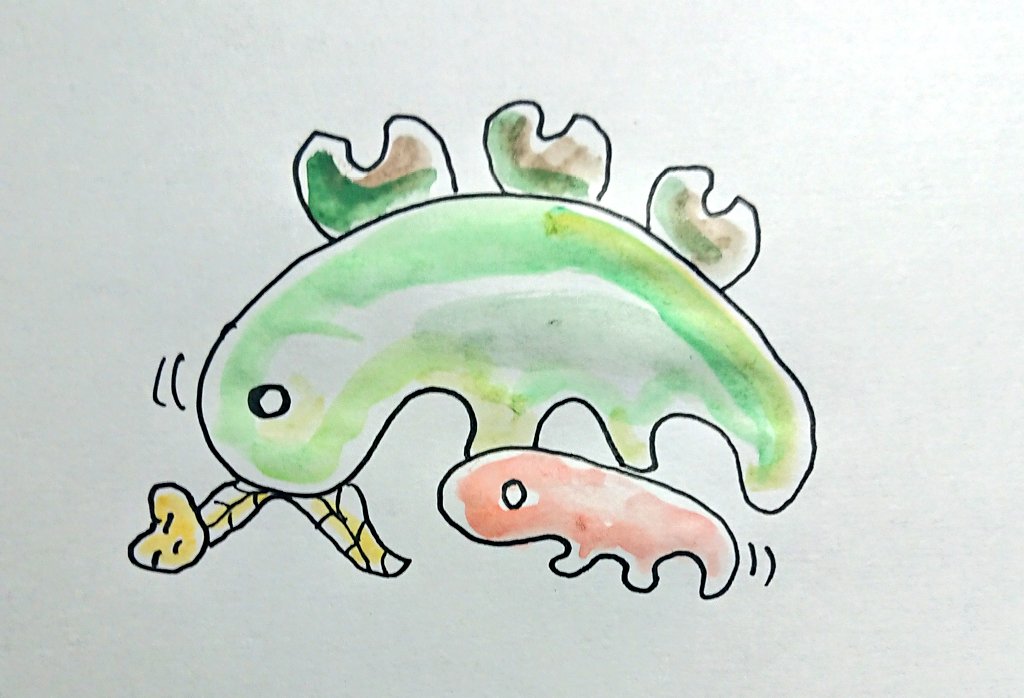 「人面蛇を捕食する勾玉恐竜の親子のイラストです」|tera(西)™のイラスト
