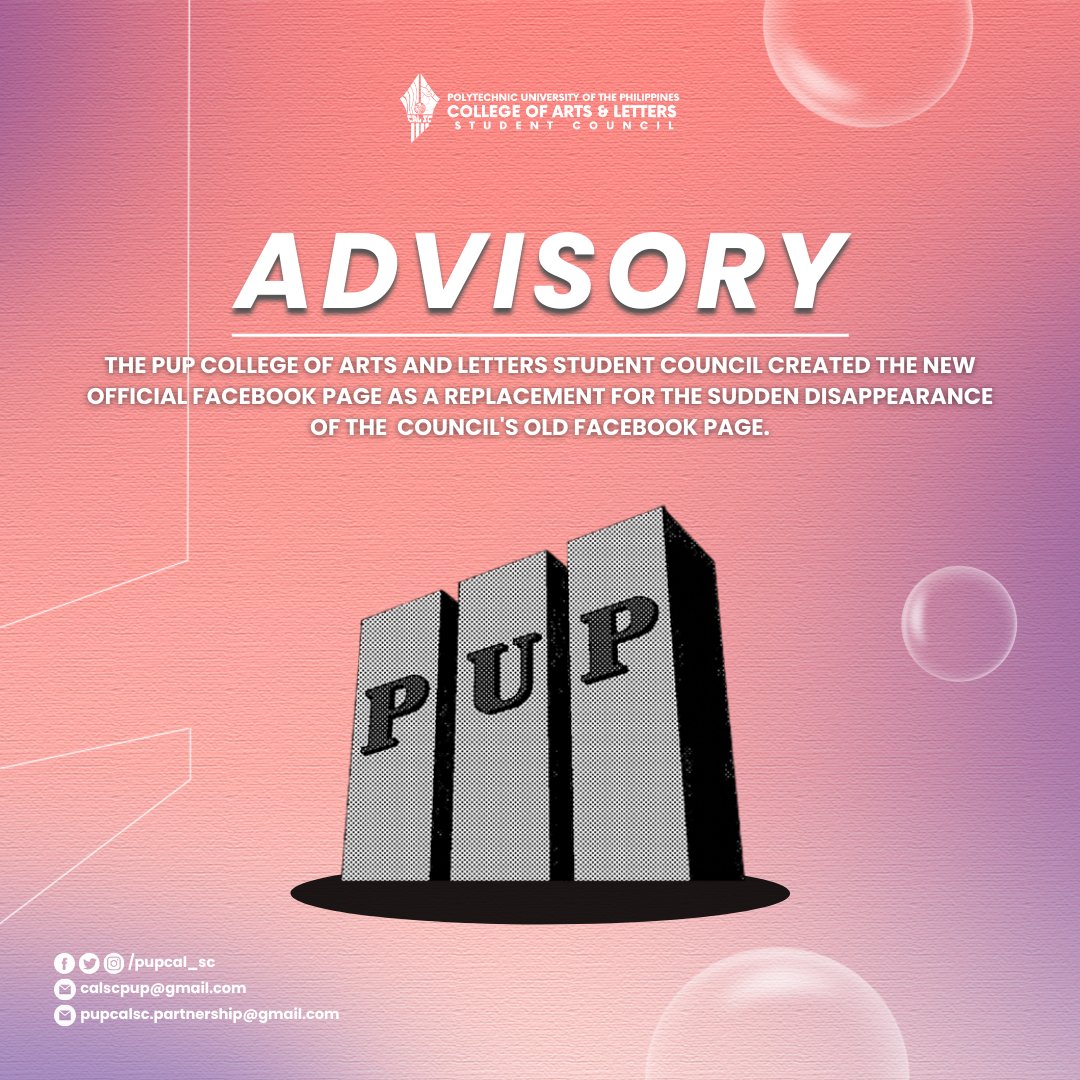 thepupcalsc's tweet photo. ADVISORY I THE PUP COLLEGE OF ARTS AND LETTERS STUDENT COUNCIL CREATED THE NEW OFFICIAL FACEBOOK PAGE AS A REPLACEMENT FOR THE SUDDENT DISAPPEARANCE OF THE COUNCIL'S OLD FACEBOOK PAGE.
For the students and the people, we remain!โ๐ฝ
#PUPCALSC #CALTintaLaya #CALAalpasAtLalayag https://t.co/qTCUlQs8C8
