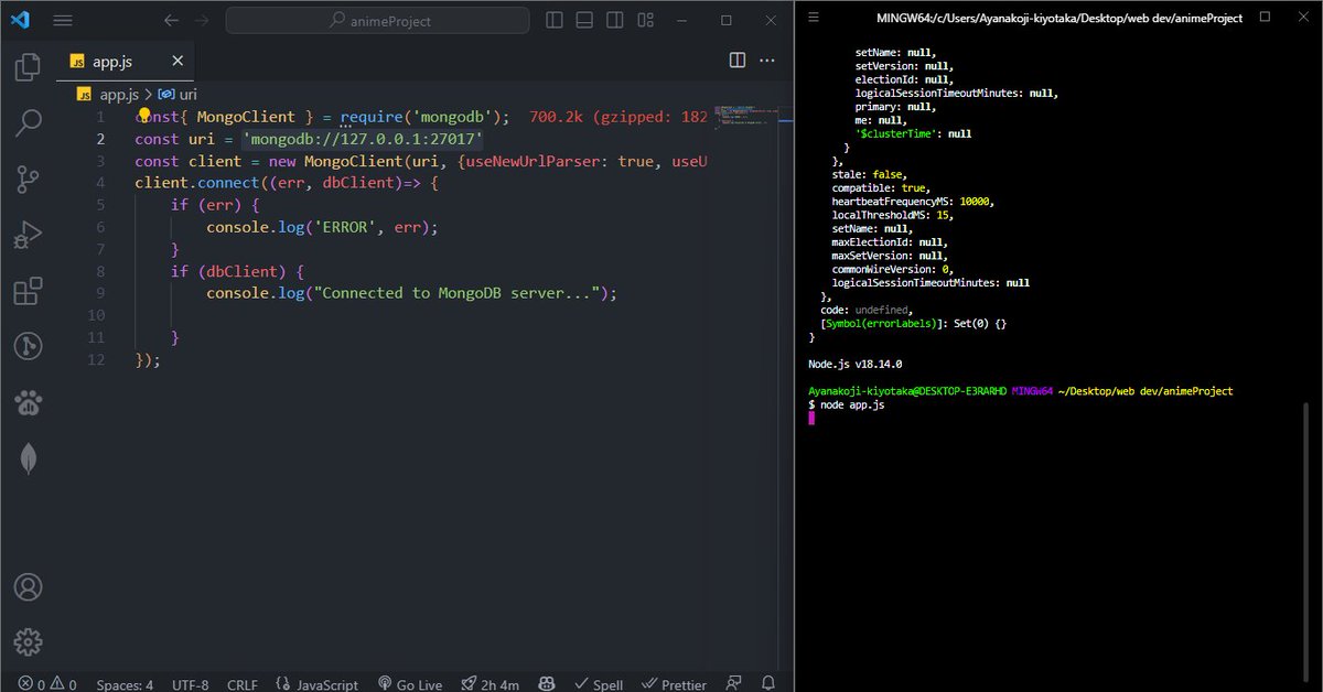 Day 29 #100DaysofCode #100daysofcoding posted my first question on stackoverflow i could not connect my node to mongo. when i use 'mongodb://localhost:27017' as my url m terminal show an error(left image) when i use 'mongodb://127.0.0.1:27017'as my url, the terminal just hook