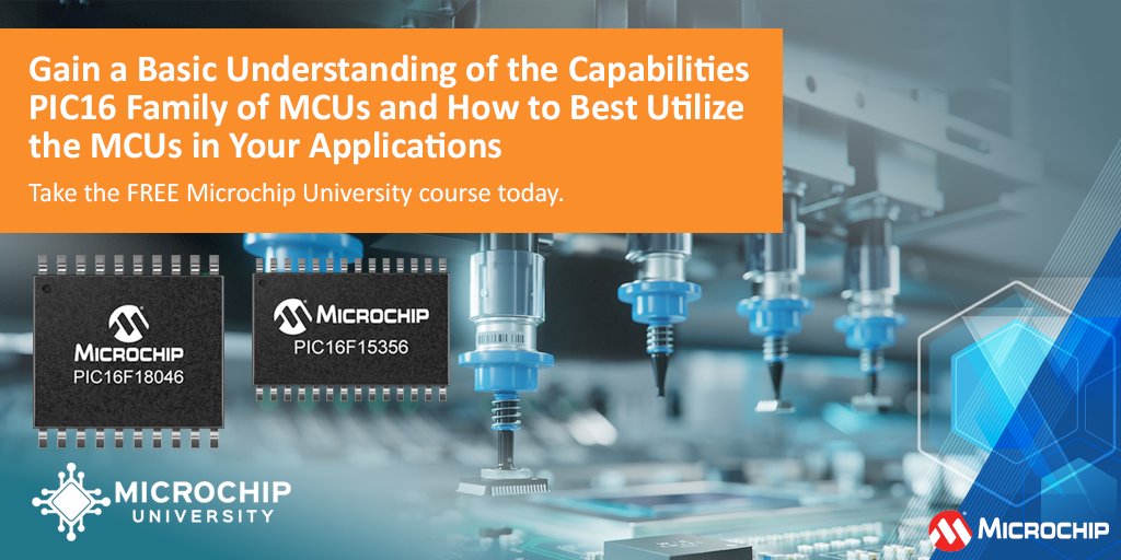 MicrochipTech's tweet photo. Learn about 8-bit microcontrollers and the architecture of the PIC16. This FREE course covers the basic architecture, memory map, instruction set, interrupt structure and special features of the PIC16F1x family of devices. Register: https://t.co/g1VaRrUtH3. #PIC16 #8bit #mcus https://t.co/8bNo9tiiAA