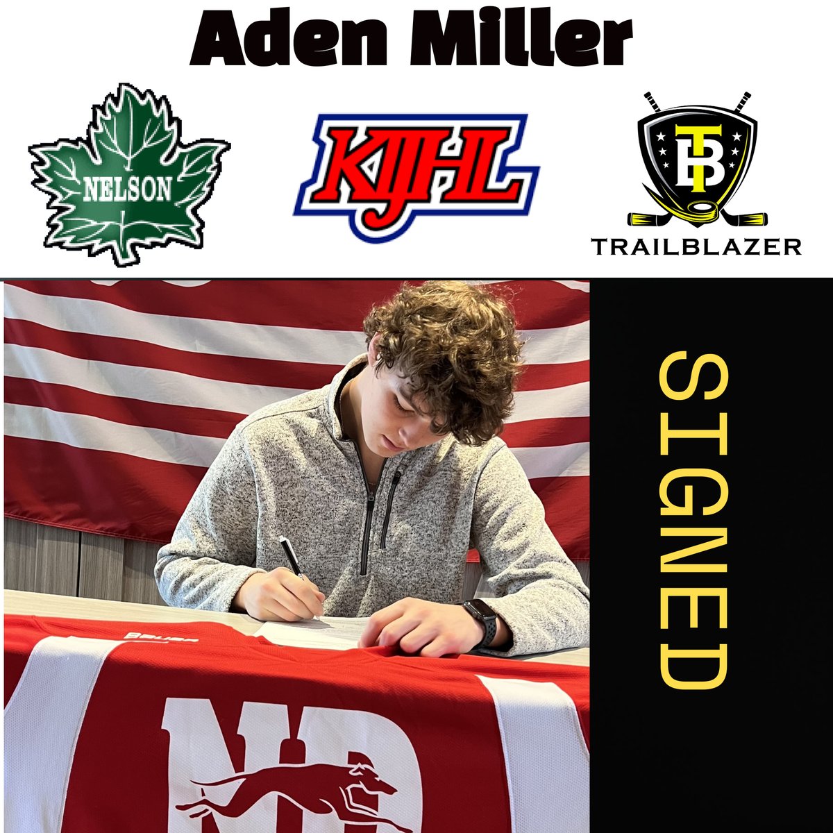 SIGNING ALERT:
Congrats to 2005 D @adenmil18760005 MILLER on signing an LOI with the @KIJHL  @Nelsonleafs ! Aden is from Strathmore, Alberta and is an alumni of @NDHoundsHockey.
#TrailBlazer