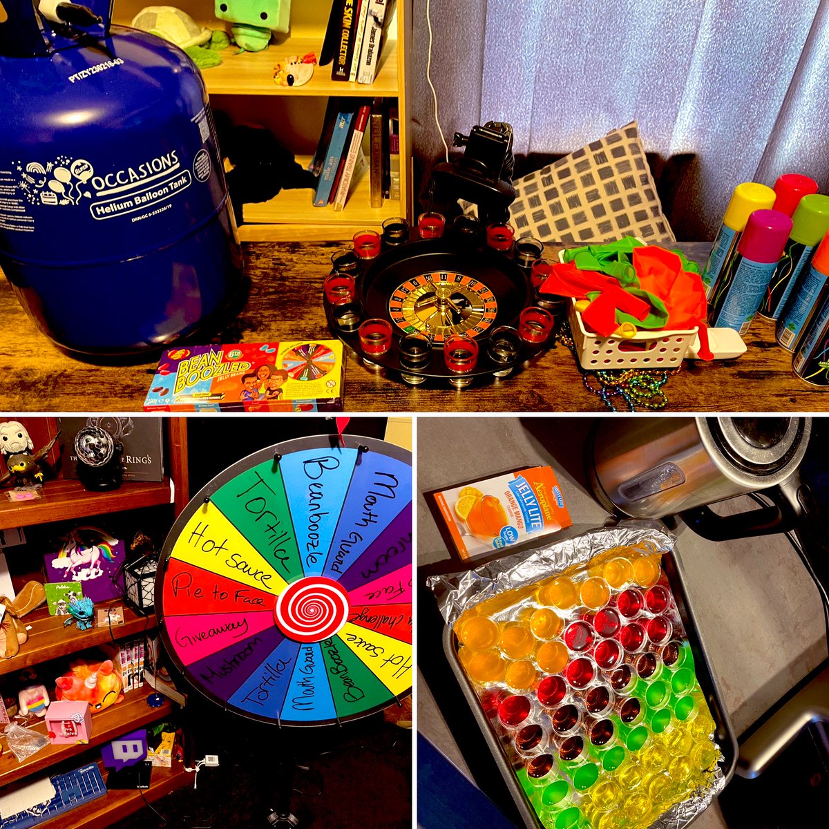 raavalicious's tweet photo. Got everything ready for the @TrevorProject charity stream! 

♥️Helium tank
🧡Wheel of dares
💛Jello &amp; shot roulette (no alcohol)
💚Silly string
💙Beanboozle
💜Confetti and glitter

Join us today to help! It shall be an epic Pride party! 🏳️‍🌈🏳️‍🌈

Incentives below👇

#TwitchANZPride https://t.co/Io65Ij6zHf