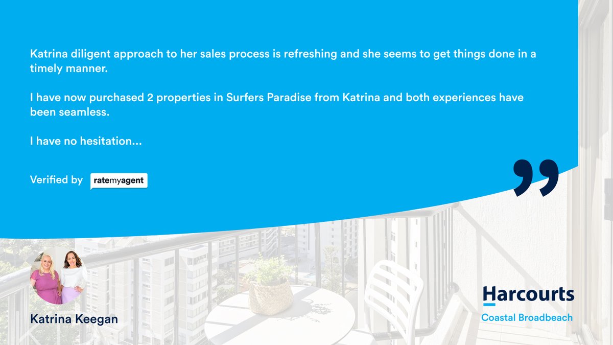 KatrinaPenelope's tweet photo. My latest RateMyAgent review in Surfers Paradise.

https://t.co/t12eceQYMr

...
#ratemyagent #realestate #Harcourts_Coastal_Broadbeach https://t.co/jZPGlb1pYp