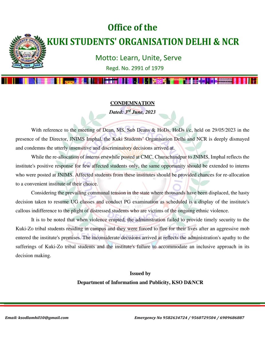 KSODelhi's tweet photo. With reference to the meeting of Dean, MS, Sub Deans & HoDs, HoDs i/c, held on 29/05/2023 in the presence of the Director, JNIMS Imphal, the Kuki Students' Organisation Delhi and NCR is deeply dismayed and condemns the utterly insensitive and discriminatory decisions arrived at.

@NMC_IND