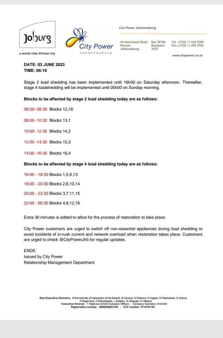 CityPowerJhb on Twitter "Stage 2 loadshedding has been implemented