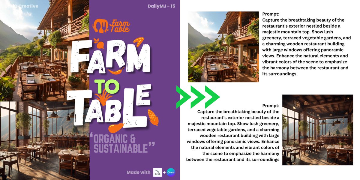 creative_batik's tweet photo. Post 15: Farm To Table Restaurant.

Bukan peminat sayur. Tapi minat dengan gambar-gambar dalam MidJourney

#MidjourneyAI #AI #graphicdesigner #dailyMJ #canva #dailychallenge https://t.co/GM5LLzUqhc