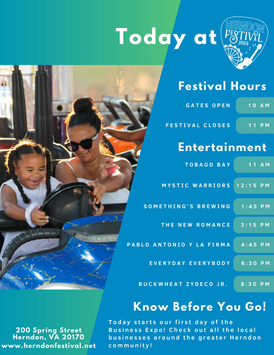 🌟 Day 3 at Herndon Festival is here! The gates are open, and we're excited to hang out with you! Get ready for amazing music, rides, games, arts &amp; crafts vendors, and business expo! Don't miss out on the #Best4DaysofSummer. Hop on the free shuttle bus for a hassle-free visit! 🚌