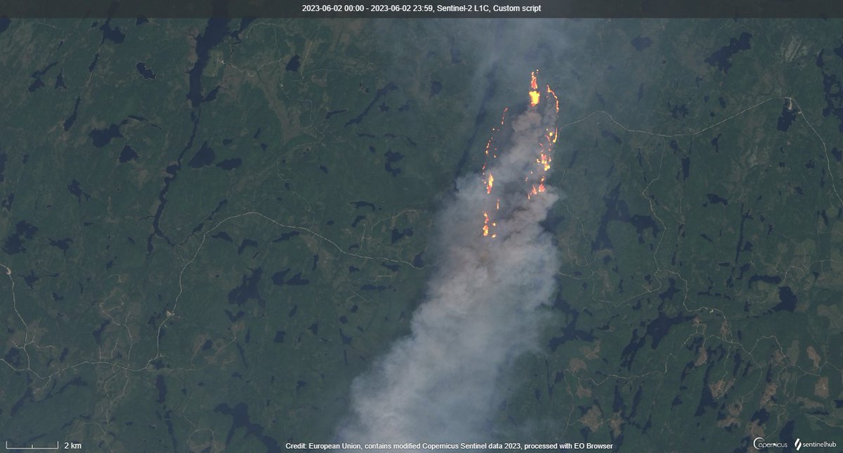 Algunos de los incendios que arden en #Quebec (Canadá 🇨🇦) vistos ayer día 2 por el Sentinel-2 @sentinel_hub . Script de @Pierre_Markuse #QuebecFires