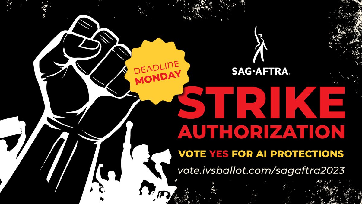 sagaftra's tweet image. The AMPTP has shown that they are not taking #sagaftramembers' concerns about AI seriously. It's time we show them how serious WE are. #SAGAFTRAstrong

A vote YES for a strike authorization is a vote closer to AI protections. Learn more and vote now: sagaftra.org/contractions20…