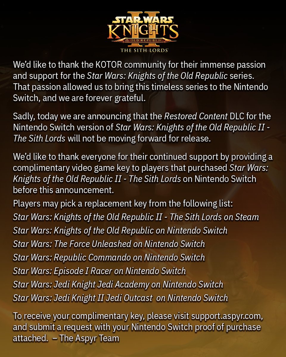AspyrMedia's tweet photo. Update on the Restored Content DLC https://t.co/P0TQtJsgRc
