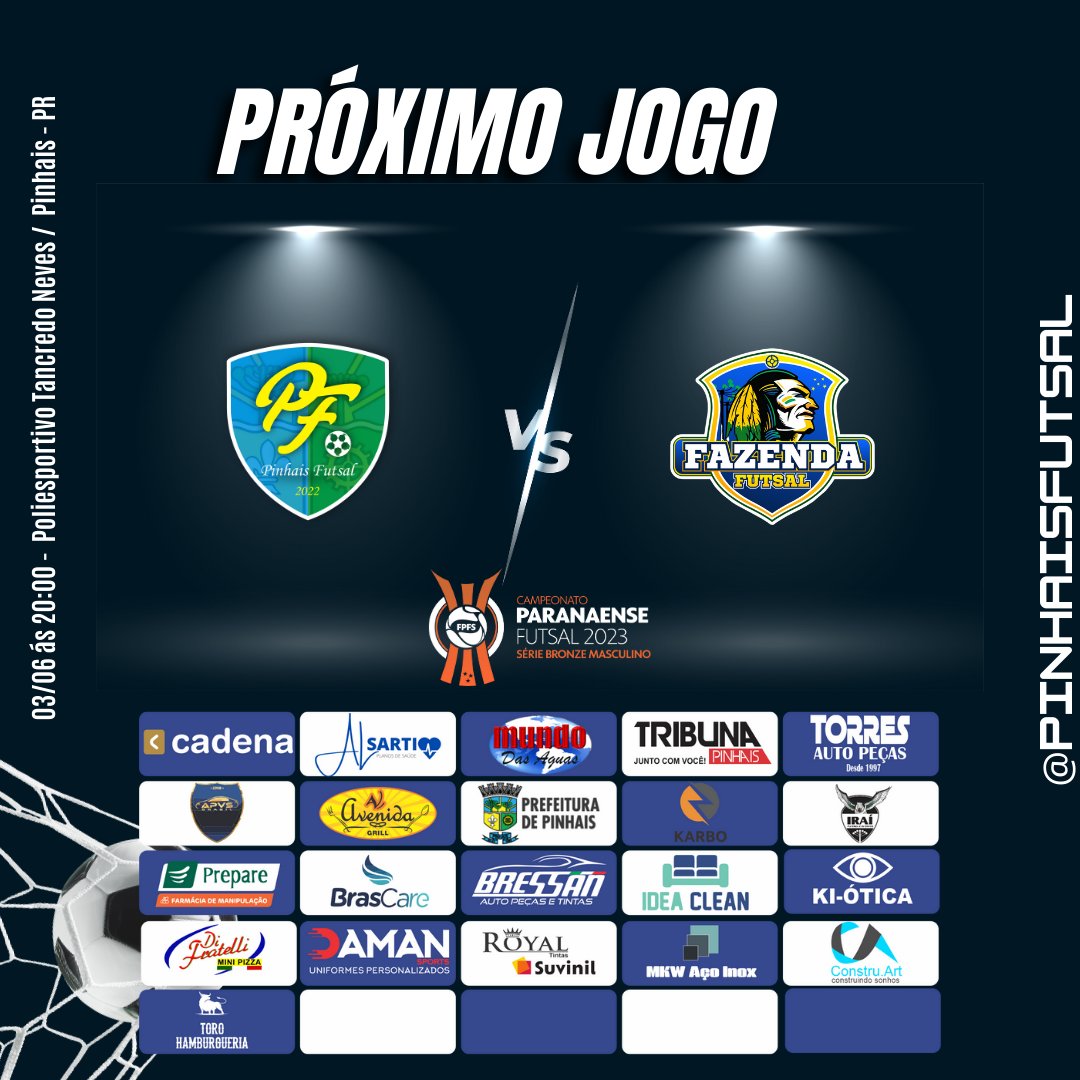 PinhaisFutsal's tweet photo. ⚠⚠ PRÓXIMO JOGO! ⚠⚠

>>> JOGO EM CASA <<<

APVS PINHAIS FUTSAL x FAZENDA FUTSAL

Dia: 03/06/2023 às 20:00 H
Local: Poliesportivo Tancredo Neves /  Pinhais - PR

OBS: Teremos 60 lugares reservados a torcida visitante. 

#pinhais #maiorfutsaldobrasil #futsal #seriebronze2023l https://t.co/egxVMfJHu2