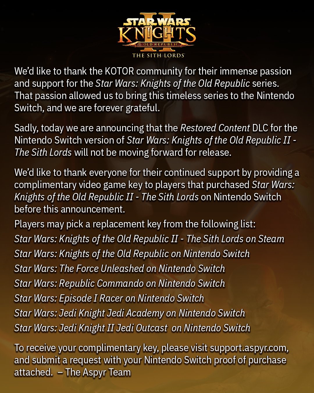 O que aconteceu com a DLC de Star Wars: Knights of the Old