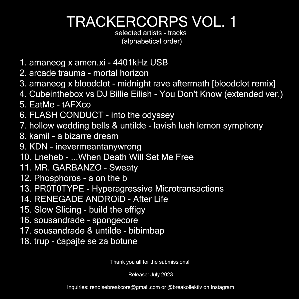 TRACKERCORPS vol 1
Final tracklisting and cover (sorry Jerry!)
Release sometime in June ;)