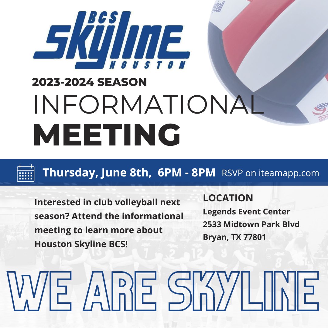 The 2023-24 Info meeting is next week! Come learn about club volleyball at H Skyline BCS! Save the date and RSVP on iteamapp.com.