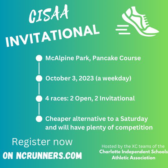Attention XC programs within driving distance of Charlotte, NC: Looking for a fast weekday meet? Check out the CISAA Invitational, “pancake” course at McAlpine, 10/3/23! @NCRunners <a href="/scmilesplitus/">scmilesplitus</a>