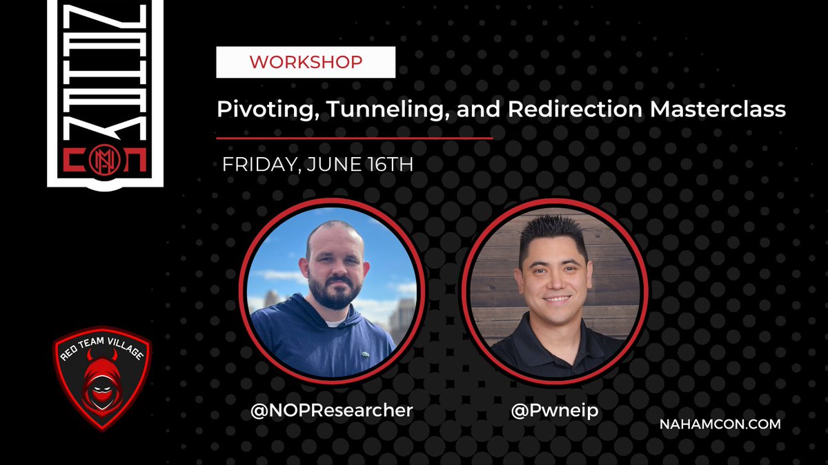 RedTeamVillage (@redteamvillage_) on Twitter photo Pivoting, Tunneling, and Redirection? Oh my! 😱
Join <a href="/pwnEIP/">pwneip</a> and <a href="/NopResearcher/">NOPResearcher</a>'s workshop at <a href="/NahamSec/">Ben Sadeghipour</a>'s NahamCon on June 16, 2023 @ 9am PDT. You don't want to miss this! ⚔️
Check out the full schedule at nahamcon.com!
#infosec #nahamcon Pivoting, Tunneling, and Redirection? Oh my! 😱
Join <a href="/pwnEIP/">pwneip</a> and <a href="/NopResearcher/">NOPResearcher</a>'s workshop at <a href="/NahamSec/">Ben Sadeghipour</a>'s NahamCon on June 16, 2023 @ 9am PDT. You don't want to miss this! ⚔️
Check out the full schedule at nahamcon.com!
#infosec #nahamcon