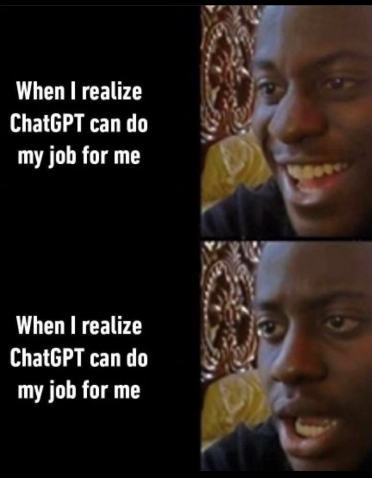 TutorialsZoom's tweet image. 😂 when I realize chatGPT can do my job for me #Mearningtocode #codingnewbie #codinglanguages #coder #coding #java #javascript #python #html #webdevelopment #programming #programmer #pythonhub #python3 #pythonprogramming #ai #ml #artificialintelligence #machinelearning #css