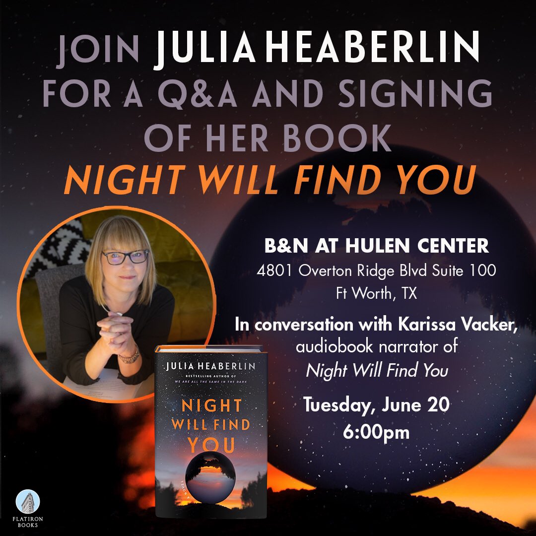Fort Worth! Come see me and NIGHT WILL FIND YOU’s award-winning audiobook narrator <a href="/KarissaVacker/">Karissa Vacker</a> on pub day June 20 at <a href="/BNHulenCenter/">B&N Hulen Center</a>.