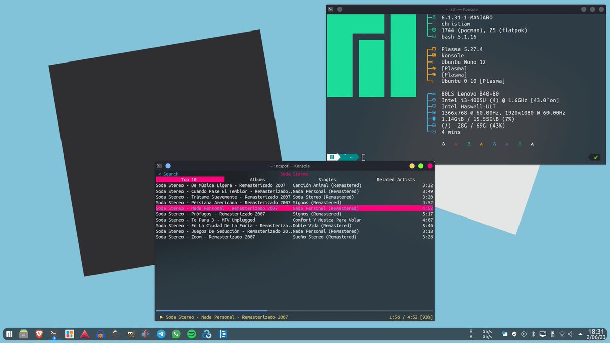Mi #ViernesDeEscritorio simplicidad con Manjaro KDE Plasma. Escuchando buena música desde el cliente de Spotify para la terminal llamado ncspot.