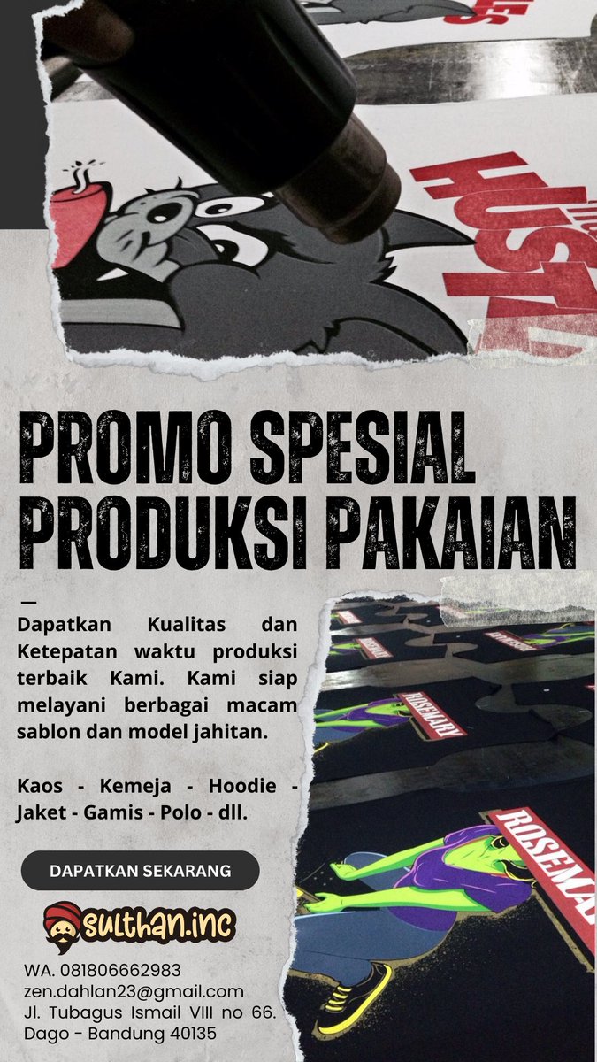 BISMILLAH
Untuk Yang mau bikin Kaos, Bermacam Jaket, Kemeja, Hoodie, Gamis, Rompi, dll. Ada Promo Spesial dari kami Sulthan.inc .
Segera Melakukan Pemesanan.
Terimakasih.