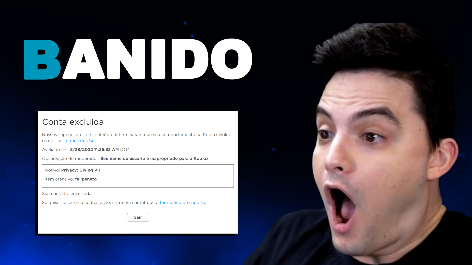 Conta excluída Nossos supervisores de conteúdo determinaram que o seu  comportamento na Roblox violou nossos Termos