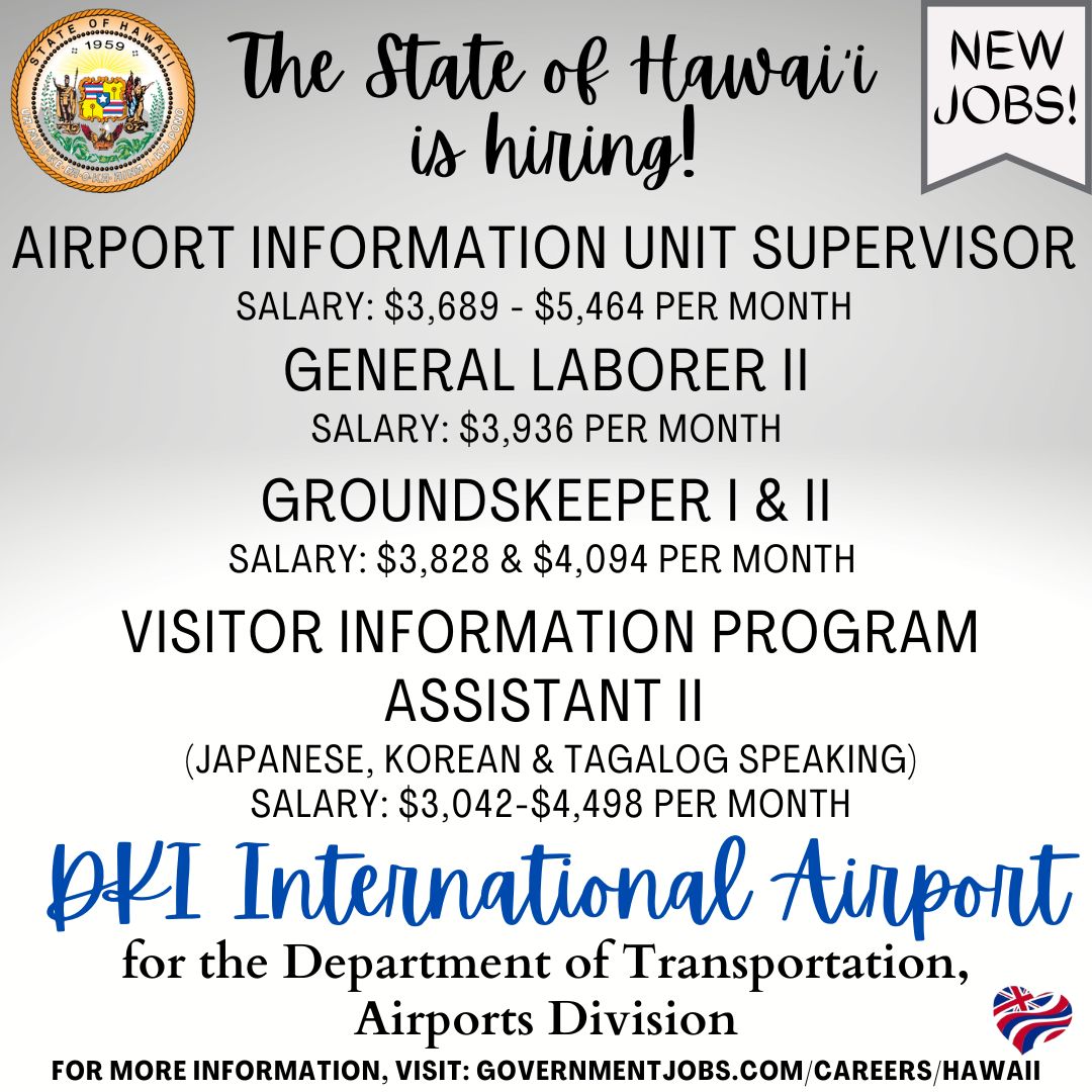 After yesterday's job fair, @DOTHawaii has opened various #recruitments. Please visit governmentjobs.com/careers/hawaii for more information. 

#hawaiiishiring #stateofhawaii #statejobs #DKIAirport #HNL #HNLairport #DOT #HDOT #Transportationjobs #jobopenings #civilservice #publicservice