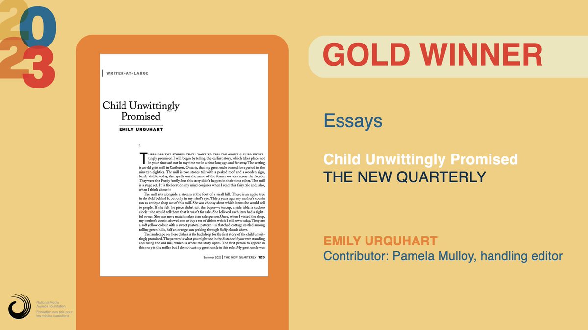 National Magazine Awards ๐จ๐ฆ (@magawards) on Twitter photo The gold winner in Essays is Emily Urquhart! "Child Unwittingly Promised" is published in <a href="/thenewquarterly/">The New Quarterly</a>. Congratulations, Emily! #NMA23 The gold winner in Essays is Emily Urquhart! "Child Unwittingly Promised" is published in <a href="/thenewquarterly/">The New Quarterly</a>. Congratulations, Emily! #NMA23