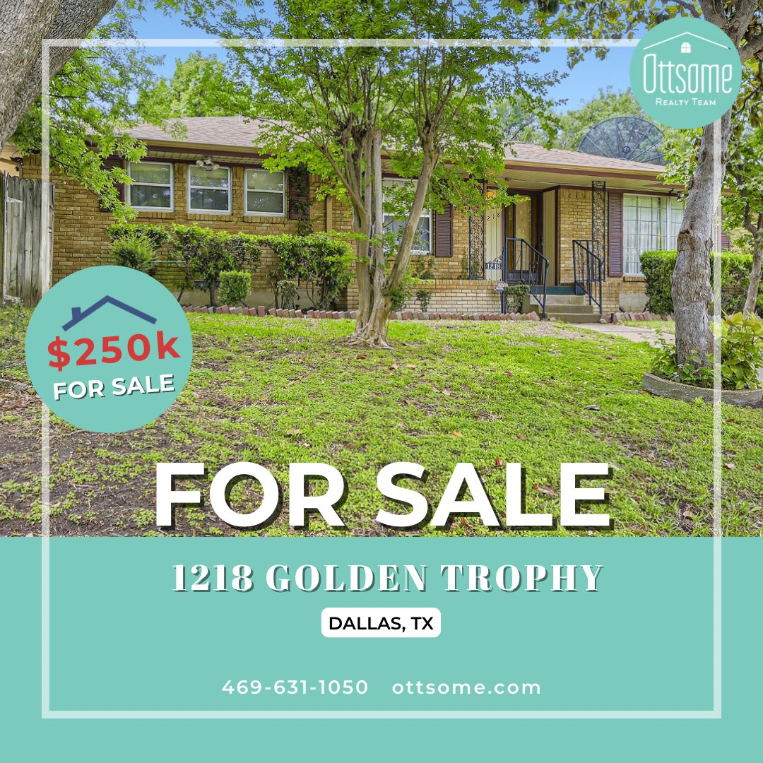 OttsomeRealty's tweet photo. ✅ONLY $250k in #DALLAS!!🏡

1218 Golden Trophy Dr.
Dallas, TX
3 bedroom | 2 bath | 1,500 sqft

A solid home in a coveted Dallas neighborhood.

#OttsomeRealtyTeam
#KellerWilliams
469-631-1050
https://t.co/deftoAvYdW

#RealEstate #investor https://t.co/5DCVNTDsnv