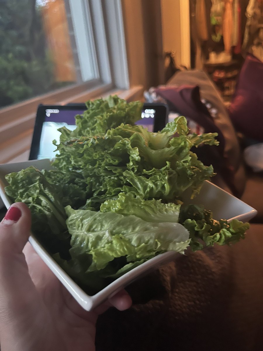 Husband’s away, baby is sleeping. Had pizza for dinner and then realized the lettuce I went to great lengths to save was on the verge of wilting so I felt guilty. When the cat’s away, etc.