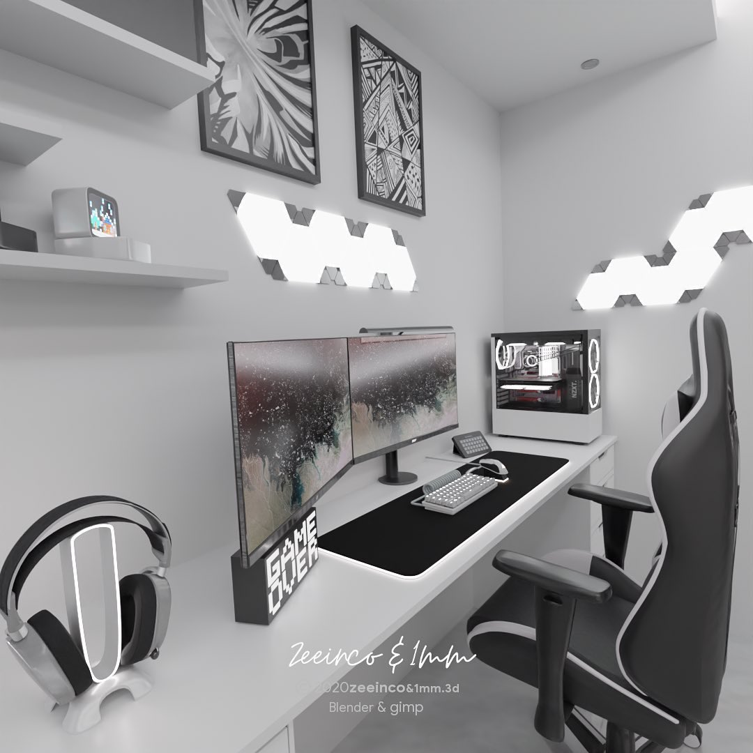 Spacious bedroom in Druski white glow 🤍💎✨ ready to play Street Fighter 🔥🕶️ #Interior #Bedroom #GamingRoom #GamingSetup #PrideMonth #3dDesign #RoomDesign #bachelor