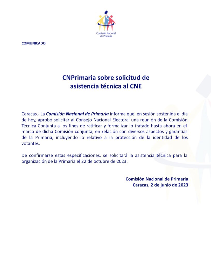 Comunicado

Comisión Nacional de Primaria sobre la asistencia técnica del CNE: