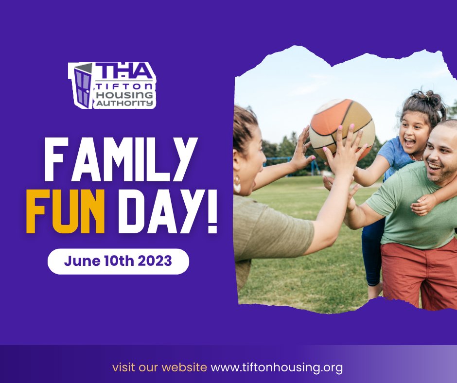It's almost time for our annual Family Fun Day! Residents, be sure to join us for games, music, and good times.
🗓️Saturday, June 10th, from 10 am - 2 pm at the Bellview Community Center
See you there!
#TiftonHousing #TiftonGA #StrongFamilies #FamilyFunDay