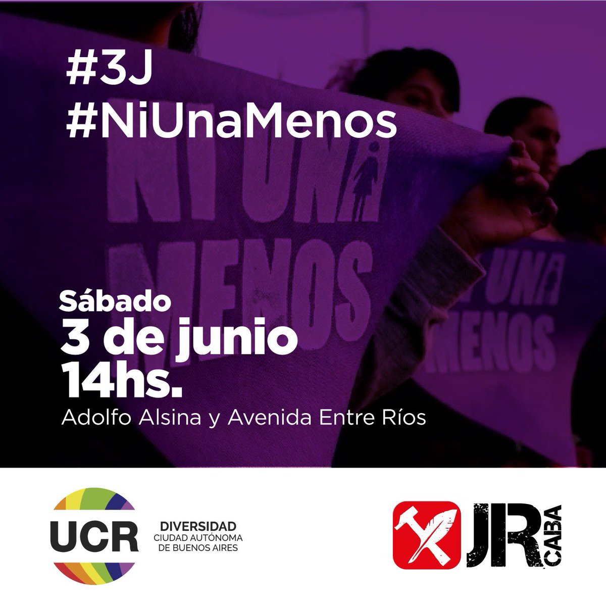 jradicalcaba's tweet photo. Como cada 3 de junio, nos convocamos en la calle para seguir gritando #NiUnaMenos.

Nos encontramos en Alsina y Entre Ríos a las 14 hs 💪💜 https://t.co/PK0206JBPj