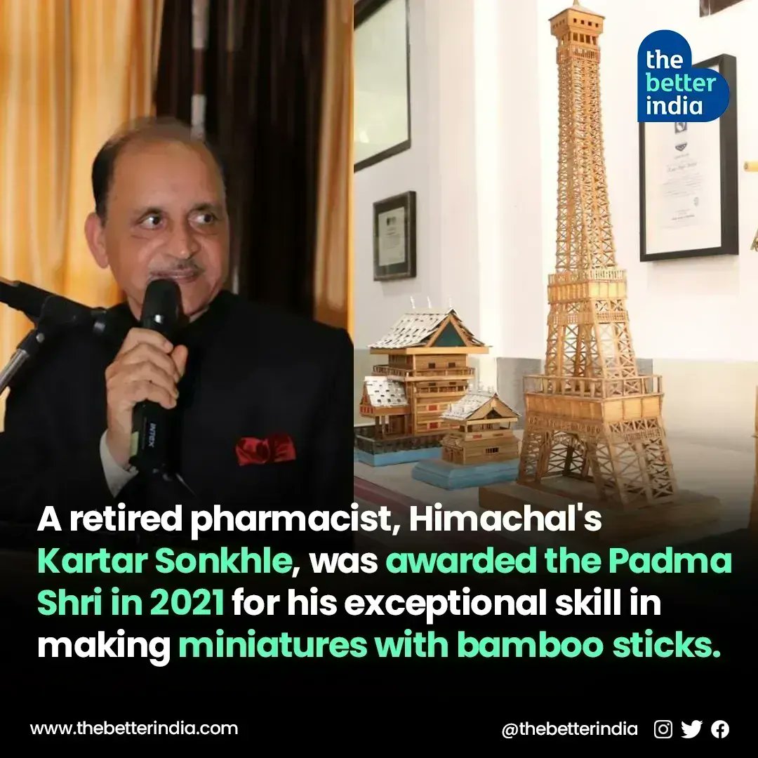 A retired pharmacist from Himachal's Health Department, Kartar Singh Sonkhle, was awarded #PadmaShri in 2021 for his exceptional skill of making miniatures in bottles with bamboo sticks. 

#himanchalpradesh #skills #pharmacist