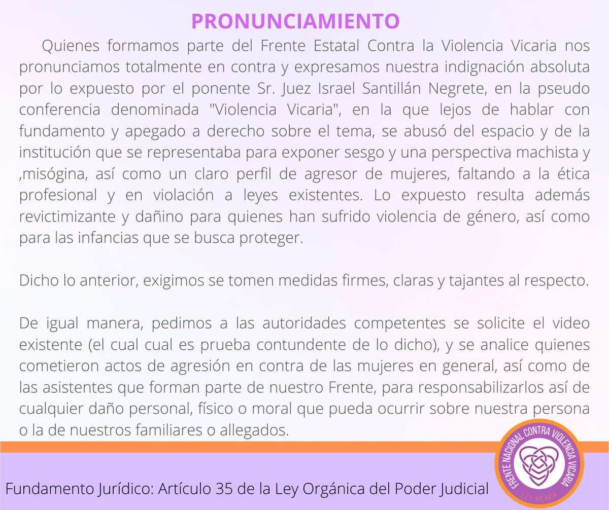 Hacemos público este pronunciamiento sobre los hechos ocurridos el pasado 31 de Mayo en la Casa de la Cultura Jurídica de Durango.
#violenciainstitucional
#violenciadegenero
#violenciavicaria
<a href="/FNCVVICARIA/">Frente Nacional contra Violencia Vicaria A.C.</a> <a href="/SCJN/">Suprema Corte</a> <a href="/EVillegasV/">Esteban Villegas V.</a> <a href="/FabiolaAlanis_S/">Fabiola Alanís </a> <a href="/drahuizar/">Dra. Fátima González</a> <a href="/yoladelatorre/">Yolanda de la Torre</a>
