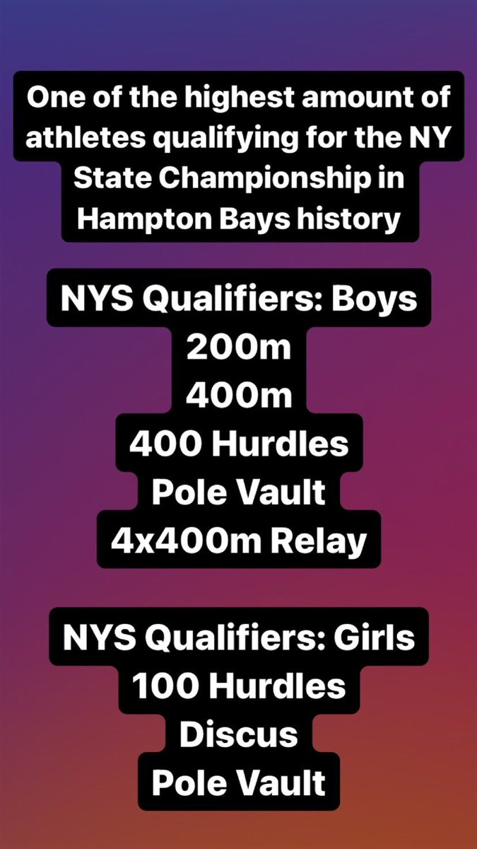 VBatt_PhysEd's tweet photo. State Qualifiers complete ✅ 4 school records broken or tied the past 2 days. 3 Athletes earning All-Sectional honors (400m- Papajohn, 400 Hurdles- Sutton, Pole Vault- Proano). Next up New York State Championships 🏆 @BaymenAD @HamptonBaysES #HBstrong https://t.co/P3TJ8FJ4OD