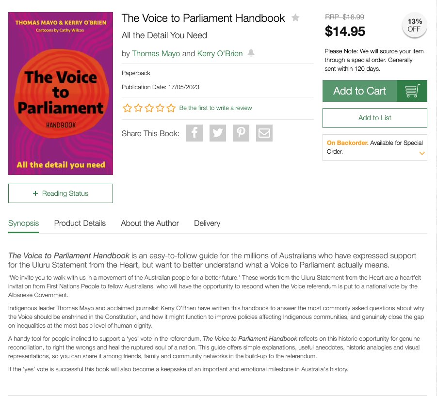 #MaboDay 
#NativeTitle
#VoteYesAustralia 
#VoteYes 
And if you're not convinced you shld #VoteYes buy this book, discover what a Voice to Parliament actually means. (Image from Angus & Robertson website)