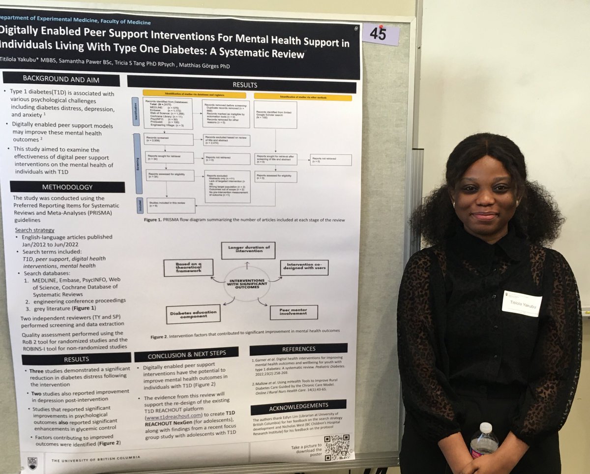 Dr Titilola Yakubu presenting her work on digitally enabled peer support intervention for mental health support in individuals with #T1D - a systemic review at the #ubcmedexpo2023 <a href="/Titilola_md/">Tee</a> @UBCDoM <a href="/BCCHresearch/">BC Children's Hospital Research Institute</a> <a href="/BCCH_DHILab/">Digital Health Innovation Lab</a>