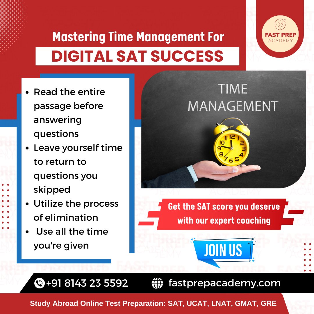 You can only manage time if you track it right. Students who manage time efficiently are more likely to be productive and less stressed! 

#testpreparation #studyabroad #sat #dsat #time #management #online #coaching