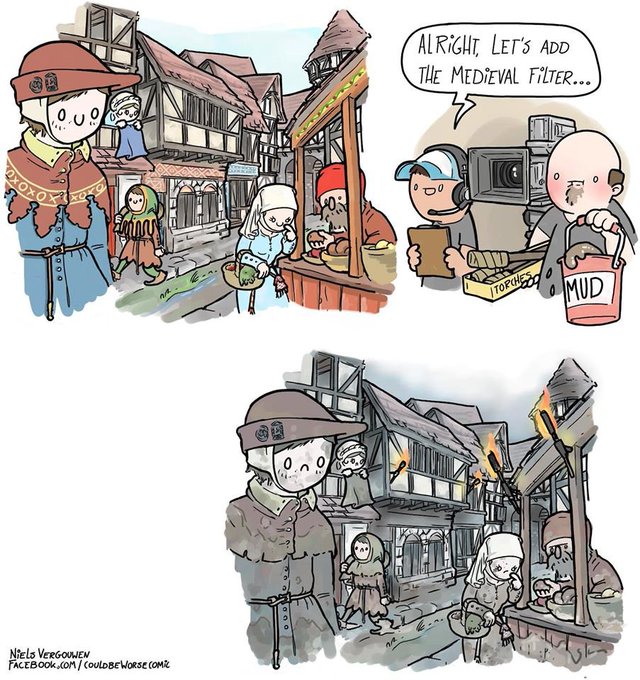 Little thread showcasing the art of Niels Vergouwen who makes the Could Be Worse webcomic.
His cartoons are about Larping, legends, nerds but also historical accuracy, which is why I regularly share some of his best works.

You'll probably know why I love this one: