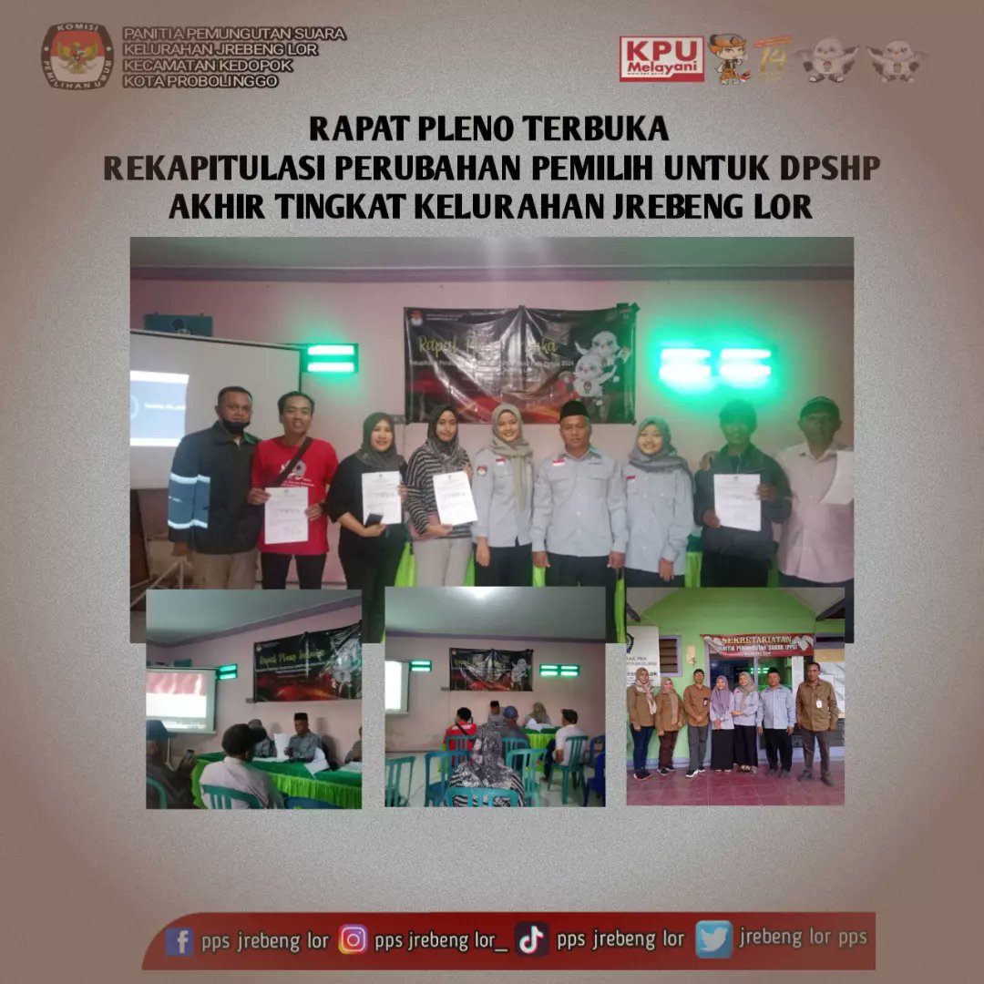 JrebenglorPps's tweet photo. #sahabatpemilih 

Pada Hari Jumat, 2 Juni 2023 PPS Jrebeng Lor telah melakukan Rapat Pleno Terbuka DPSHP Akhir nih. Sembari menuju tahapan DPT kamu bisa cek namamu sudah tercantum di daftar pemilih atau belum dengan cara klik link https://t.co/dzdKGLrfDF. 😃

#kpumelayani https://t.co/uly7YNqgeI