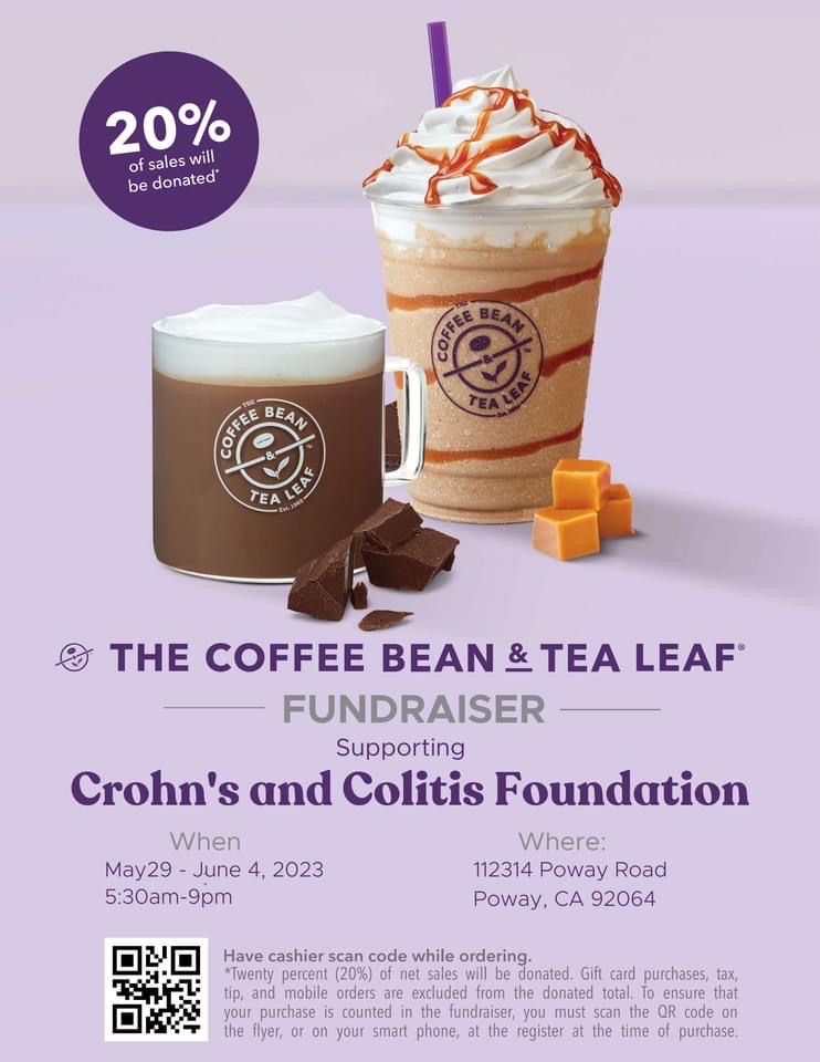 If you’re in the SoCal area this weekend and want to help out our #TakeSteps team raise money and get a caffeine buzz, go to the Coffee Bean & Tea Leaf on Poway Rd, in Poway and scan the QRC code to donate 20% of your purchase to help end Crohns & Colitis. 

Thank you, everyone!