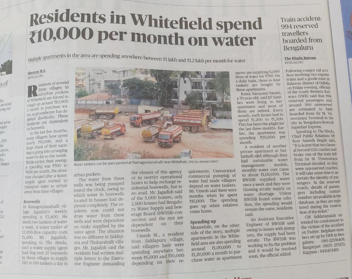 Side effects of unplanned unauthorized high density constructions. If you are a resident of Whitefield, you may close their eyes for what is happening but you cannot close your eyes to the water expenses at your residence. It is all connected !

#illegalconstructions