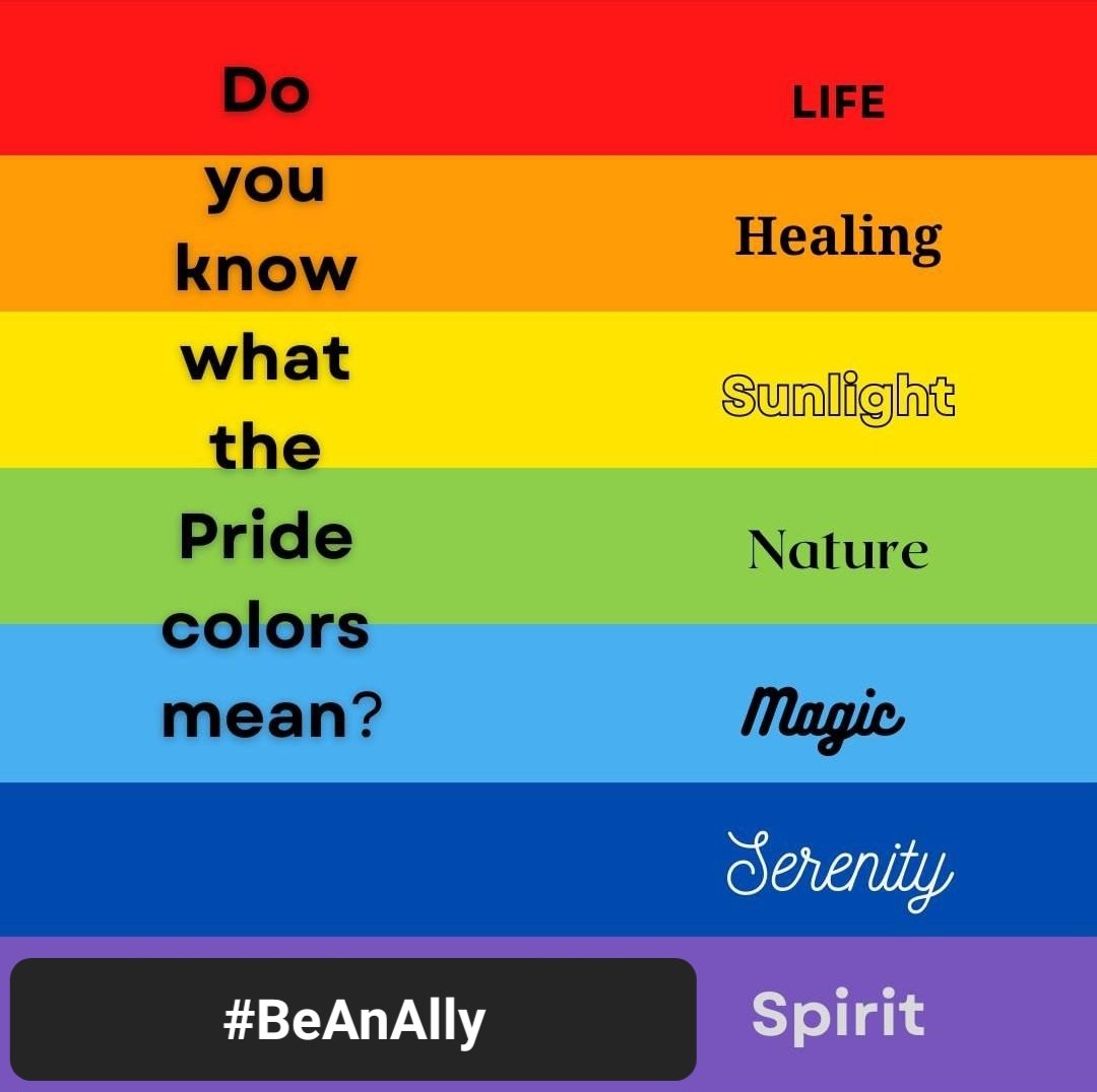 ConsultingDebra's tweet photo. Do you know what the #Pride colors mean? They reflect the diversity of LGBTQ+ communities &amp; spectrum of human sexuality &amp; gender. Using a rainbow flag as a symbol of gay pride began California &amp; became common worldwide. Practice #Solidarity &amp; insist on #HumanRights for everyone https://t.co/FfgIfzJSzb
