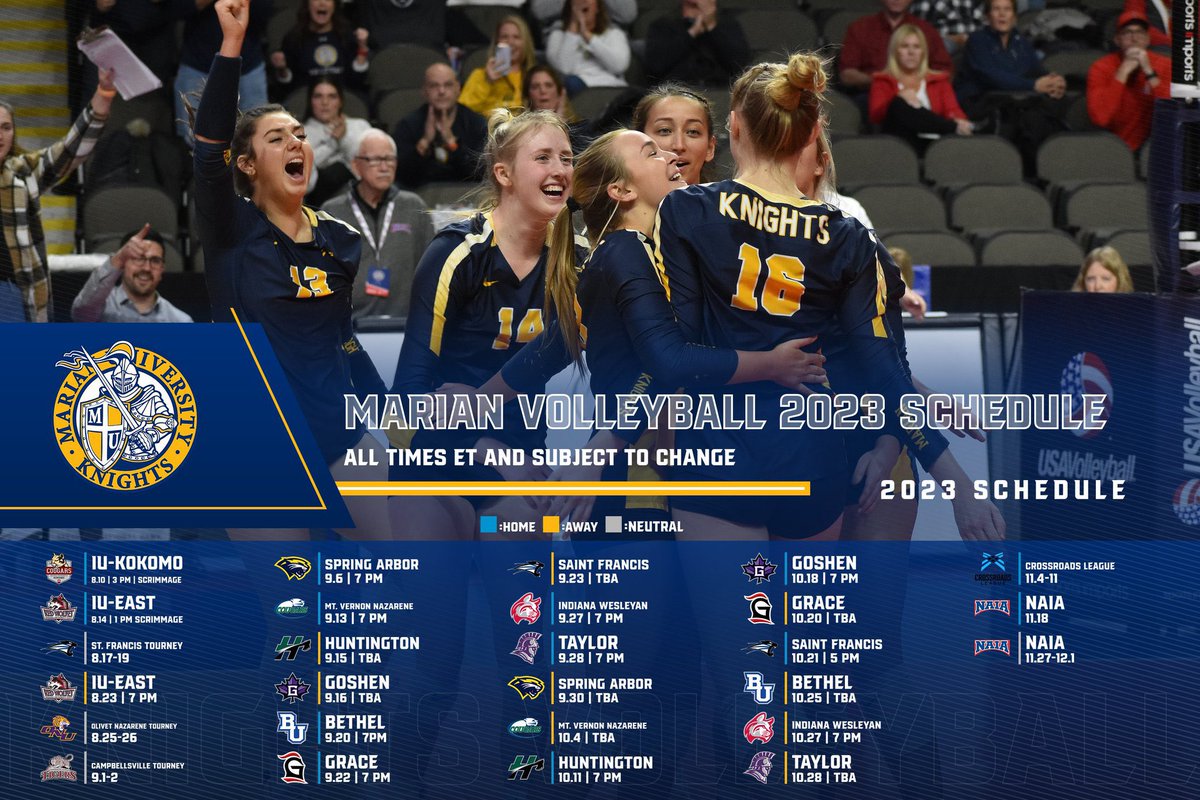 Marian Fans come cheer for your @MarianVball Knights this fall! I’m so excited for the season! 💛💙#marianvolleyball #goknights #marianuniversity