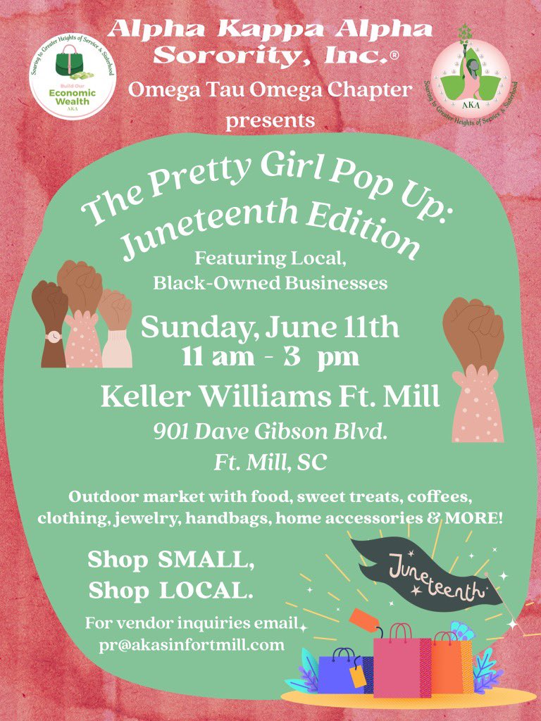 akasinfortmill's tweet image. Shop with LaVerne and other black owned businesses on June 11th, 11-3 pm at Keller Williams Ft. Mill. Don’t miss it! 

#juneteenthcelebration #juneteenthedition #wearpink #spendgreen #buyblack #ellerbesboutique #laverneellerbe #prettygirlpopup #otoshoppingevent