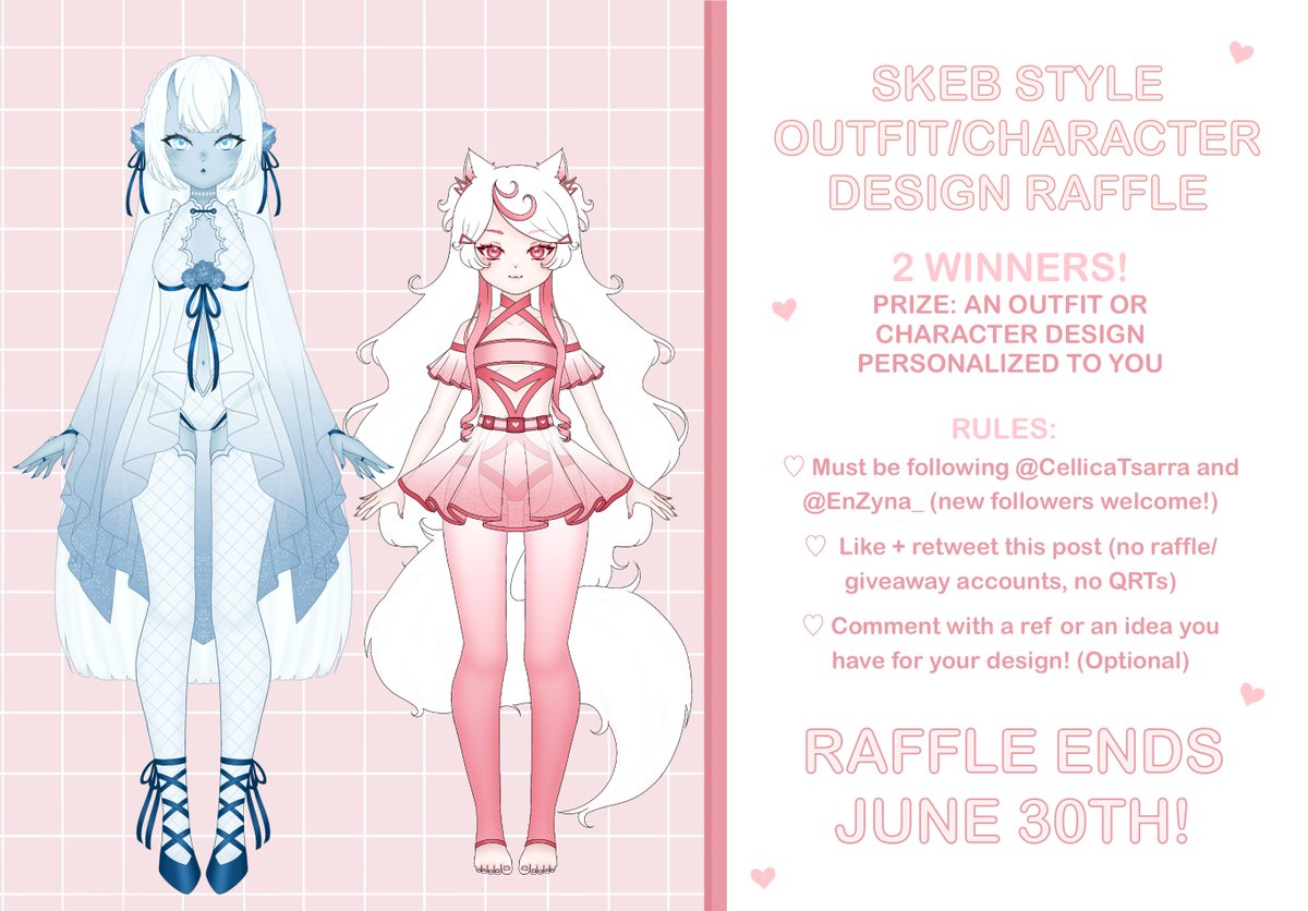 Hi! I want to get more practice with chara/outfit designs + work on my creativity •⩊•

There will be 2 winners! 

Rules: 
♡ Must follow @CellicaTsarra & @EnZyna_
♡ Like + RT this post 
♡ Drop a ref/idea for a design you’d like! (Opt)

Ends: June 30th! #artraffle #vtuber