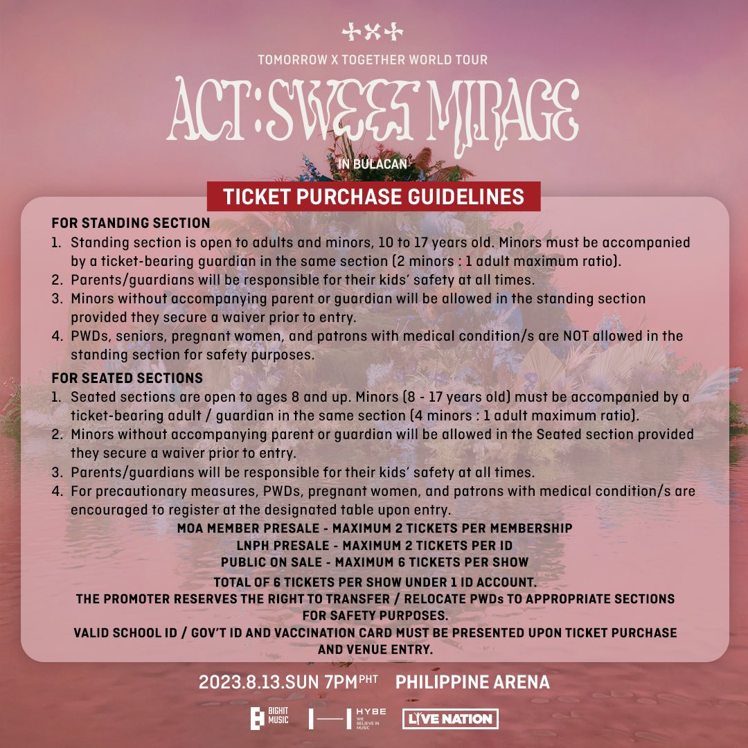 livenationph's tweet image. This is it, MOA! General Sale starts TODAY at 12pm! Online waiting room starts at 11:45AM. Tickets are available at smtickets.com and all SM Tickets outlets. More info at livenation.ph.

TOMORROW X TOGETHER WORLD TOUR &amp;lt;ACT : SWEET MIRAGE&amp;gt; IN BULACAN
📆August…