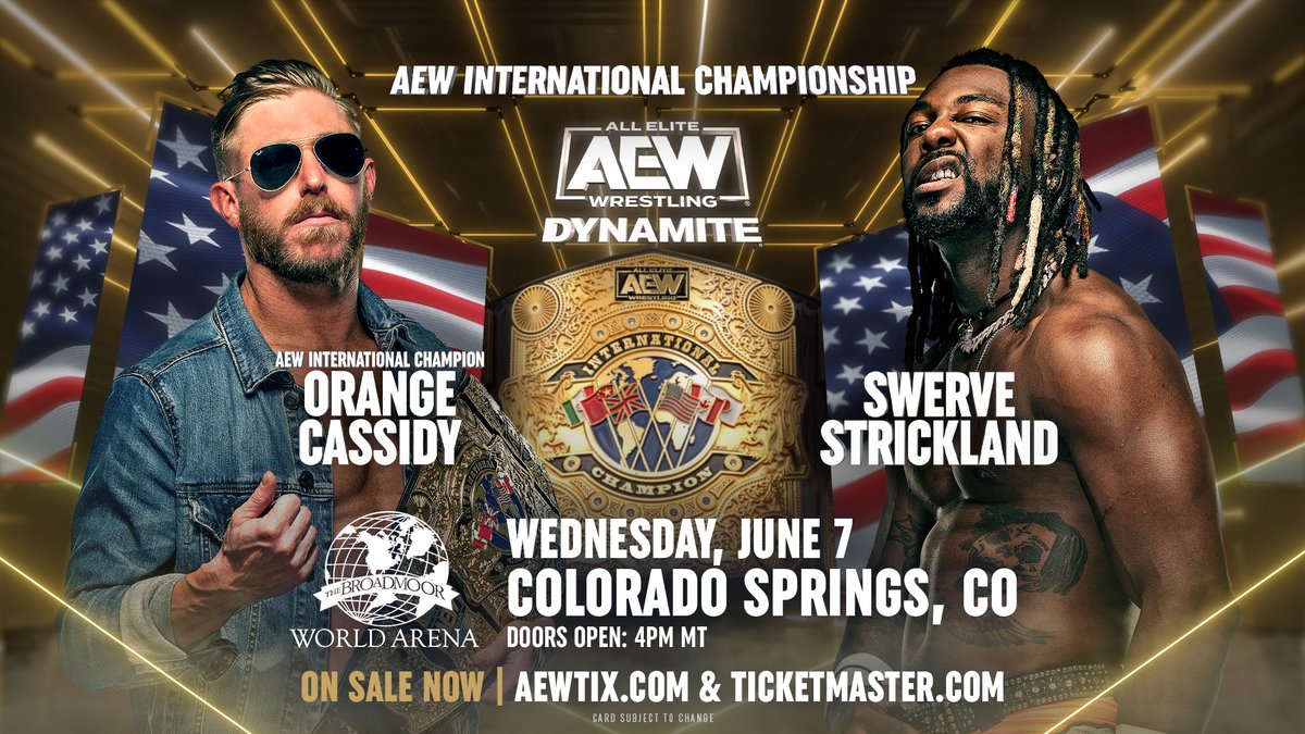 #AEW International Champ @orangecassidy will put the title on the line against #MogulEmbassy’s @swerveconfident THIS WEDNESDAY on Wednesday Night #AEWDynamite LIVE from Colorado Springs at 8pm ET/7pm CT on @tbsnetwork!