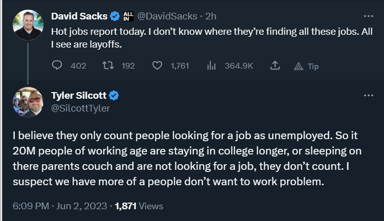 jdcmedlock's tweet photo. High unemployment rate? No one wants to work.
Low unemployment rate? Hard to fill jobs, must mean no one wants to work.
Lots of net jobs added to the economy? *waives hands* Seems like no one wants to work. https://t.co/eLyi4Zrwfj